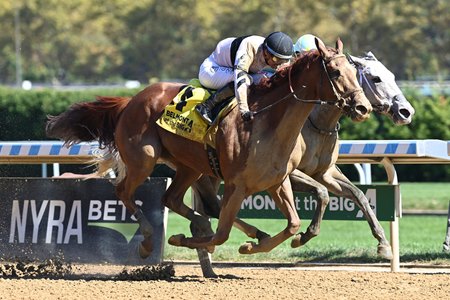 Raging Sea (outside) edges Batacuda to win the Beldame Stakes at Aqueduct Racetrack