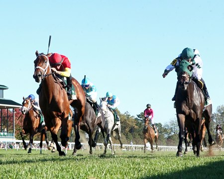 Chop Chop (left) outduels Forever After All in the Dowager Stakes at Keeneland