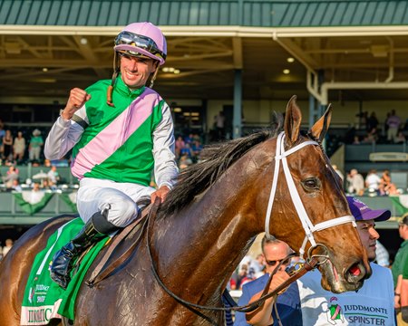 Florent Geroux is all smiles aboard Idiomatic after her victory in the 2024 Spinster Stakes at Keeneland