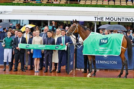 Via Sistina in the winner's circle after winning the 2024 Turnbull Stakes at Flemington Racecourse