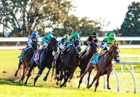 Carl Spackler leads en route to victory in the 2024 Coolmore Turf Mile Stakes at Keeneland