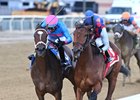 Pretty Ana (inside) defeats Alpine Princess in the Comely Stakes at Aqueduct Racetrack