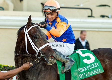 Bullard with jockey Umberto Rispoli after their win in the Bob Hope Stakes at Del Mar