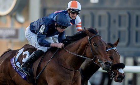 Ryan Moore guides Henri Matisse to victory in the 2024 Breeders' Cup Juvenile Turf 