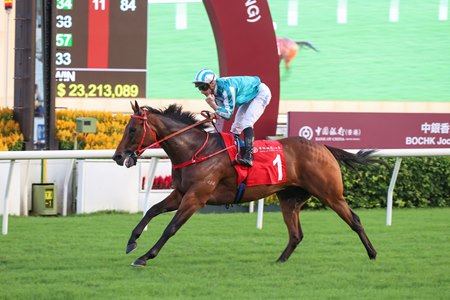 Romantic Warrior wins the Jockey Club Cup, his prep for the Hong Kong Cup, at Sha Tin Racecourse