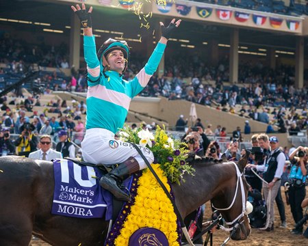 Flavien Prat celebrates winning the Breeders' Cup Filly and Mare Turf aboard Moira at Del Mar