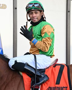 Manny Franco celebrates his fifth win in one card at Aqueduct Racetrack