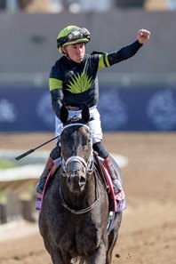 Drayden Van Dyke and Soul of an Angel after winning the Breeders' Cup Filly & Mare Sprint at Del Mar