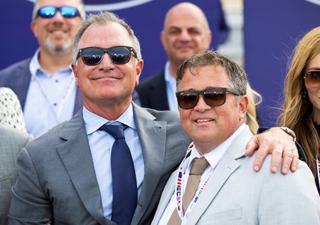 Bloodstock agent Donato Lanni (left) with trainer Kevin Attard after Moira's victory in the Breeders Cup Filly & Mare Turf at Del Mar