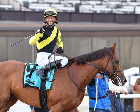 Laurelin after winning the 2024 Tepin Stakes at Aqueduct Racetrack