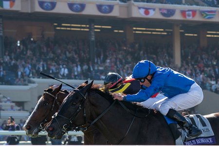 Rebel's Romance (inside) prevails in the 2024 Breeders' Cup Turf at Del Mar