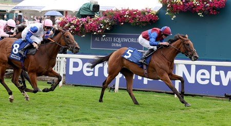 Content and Ryan Moore (claret and blue) winning The Pertemps Network Yorkshire Oaks
York 22.8.24 
Pic Dan Abraham-focusonracing.com