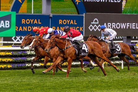 King Kirk (outside, black cap) wins the Breeders' Plate at Randwick Racecourse