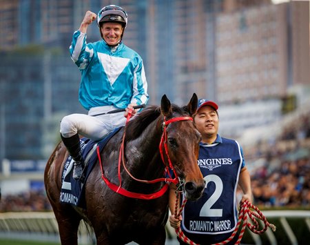 Romantic Warrior and jockey James McDonald after their win in the 2023 Hong Kong Cup at Sha Tin Racecourse