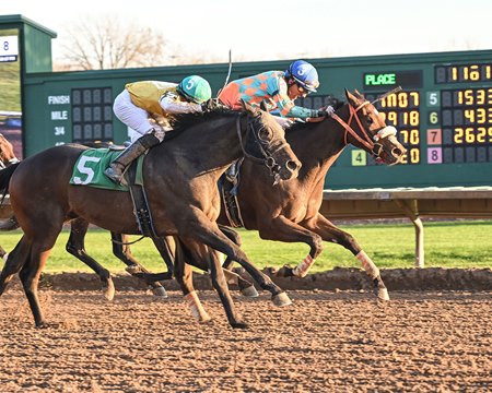 Cast a Coin, inside, wins the Tin Cup Chalice Stakes at Finger Lakes