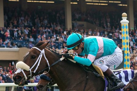 Moira and Flavien Prat win the   Breeders' Cup Filly & Mare Turf at Del Mar 