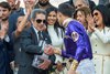 Purple Rein Racing&#39;s J B Strikes Back and jockey Antonio Fresu win the inaugural running of the $200,000 Grade II Laffit Pincay, Jr. Stakes Thursday, December 26, 2024 at Santa Anita Park, Arcadia, CA.  The race&#39;s namesake presents the winner&#39;s trophy.
Benoit Photo