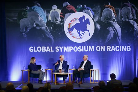 (L-R): Amy Zimmerman, Bob Baffert, and Todd Pletcher speak at the 2024 Global Symposium on Racing