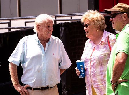 Trainer Rodney Jenkins (left) speaks with owner Ellen Charles