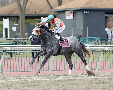 National Law under Paco Lopez drifts out toward the outer fence in winning a maiden race at Parx Racing