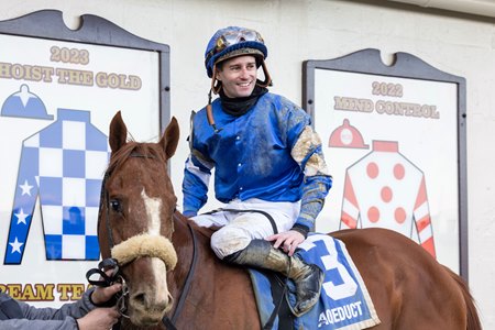 Flavien Prat aboard after Poster after their victory in the Remsen Stakes at Aqueduct Racetrack