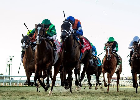 Sacred Wish (blue and orange silks) wins the 2024 Matriarch Stakes at Del Mar