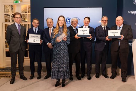 The connections of City of Troy celebrate his award as the 2024 Longines World's Co-Best Racehorse