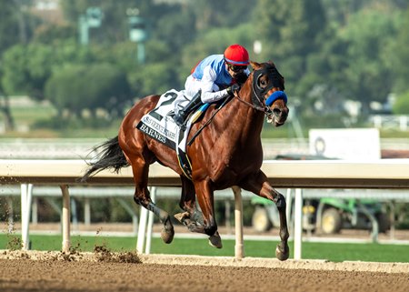 Barnes scores by 5 1/2 lengths in the San Vicente Stakes at Santa Anita Park