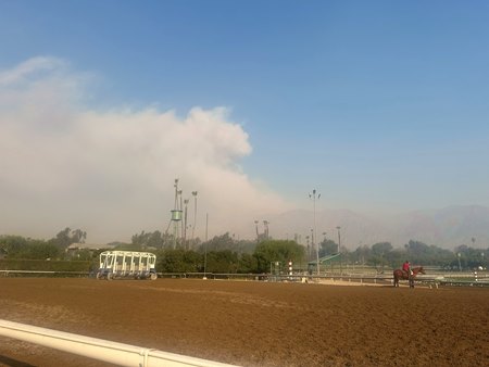 Smoke from the Eaton wildfire was still visible at Santa Anita Park the morning of Jan. 9