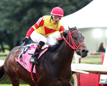 Coal Battle and jockey Juan Vargas win the Smarty Jones Stakes at Oaklawn Park