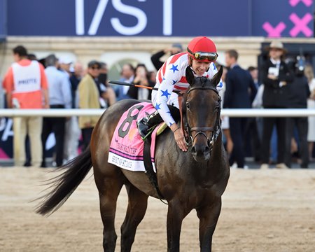 Tyler Gaffalione celebrates Spirit of St Louis' victory in the Pegasus World Cup Turf at Gulfstream Park