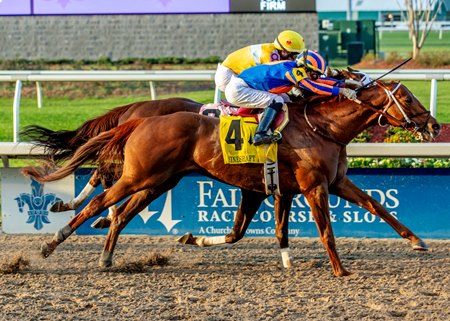 Hall Of Fame (outside) wins the Mineshaft Stakes at Fair Grounds Race Course