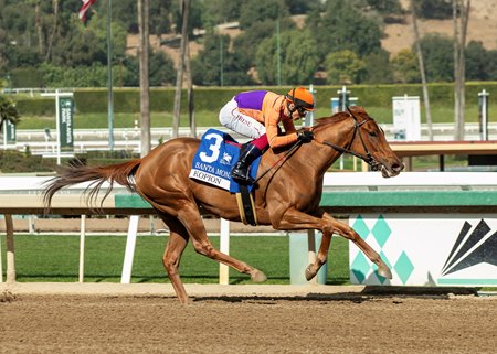 Kopion storms home by 4 1/2 lengths in the Santa Monica Stakes at Santa Anita Park