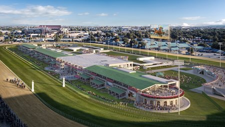 An artist's rendering of an aerial view of planned new permanent infield seating at Churchill Downs that will be known as the Conservatory Project