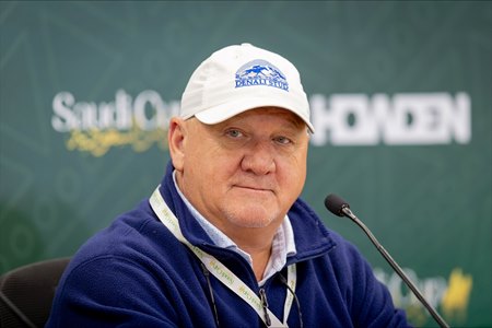 Trainer Kenny McPeek speaks at a Saudi Cup press conference in Riyadh, Saudi Arabia