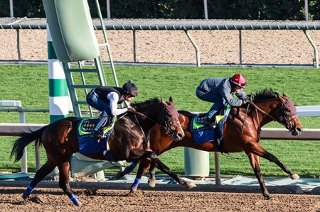 Barnes (inside) works alongside Mellencamp at Santa Anita Park