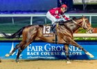 2/15/2025  -  Magnitude with Ben Curtis aboard wins the 53rd running of the Grade II $500,000 Risen Star Stakes at Fair Grounds.  Hodges Photography / Lou Hodges, Jr.