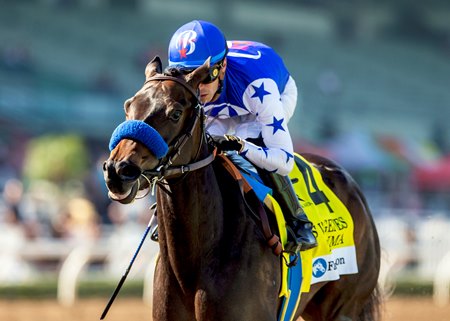 Tenma, a 2024 OBS Spring Sale graduate, wins the Las Virgenes Stakes at Santa Anita Park