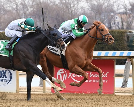 Sand Devil (inside) holds off National Identity to win the Damon Runyon Stakes at Aqueduct Racetrack