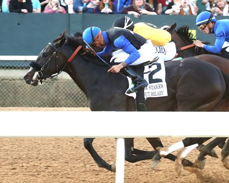 Wild Bout Hilary holds off Free Like a Girl and Loved to win the Bayakoa Stakes at Oaklawn Park