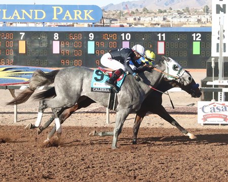 Caldera (outside) finishes second to Getaway Car in the Sunland Park Derby at Sunland Park