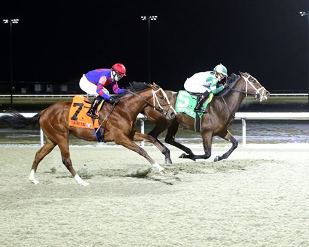 California Burrito (inside) holds off Baby Max to win the John Battaglia Memorial Stakes at Turfway Park