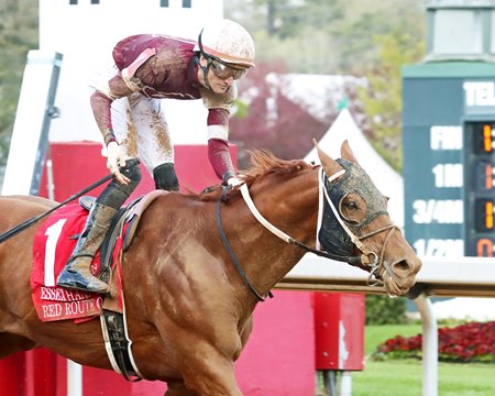 Rider Keith Asmussen and Red Route One win the Essex Handicap at Oaklawn Park