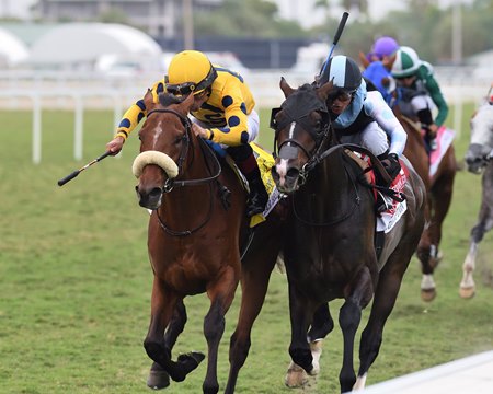 Far Bridge (yellow cap) wins the Pan American Stakes at Gulfstream Park