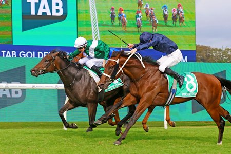 Marhoona holds off Wodeton (outside) to win the Golden Slipper at Rosehill Gardens