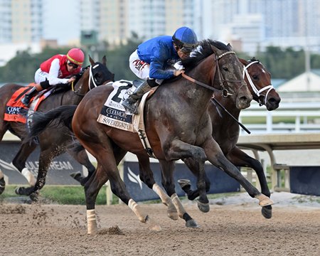 Sovereignty passes River Thames in the stretch to win the Fountain of Youth Stakes at Gulfstream Park