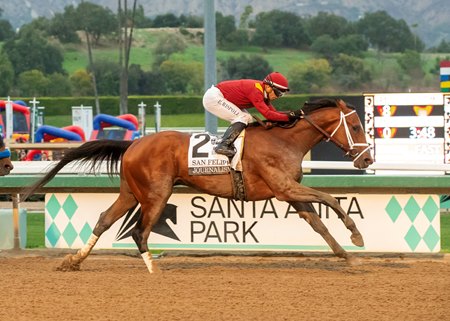 Journalism pulls away in the San Felipe Stakes at Santa Anita Park