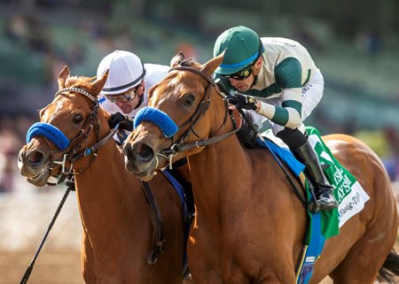 Maysam (green cap) outduels Supa Speed to win the Santa Ysabel Stakes at Santa Anita Park