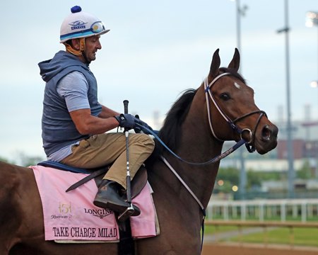 Robby Albarado aboard Take Charge Milady on an April 2025 morning at Churchill Downs