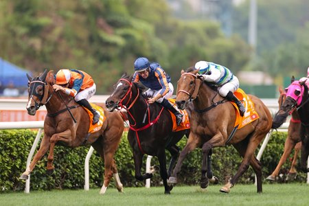 Voyage Bubble (outside) finishes second to Red Lion (middle) in the Champions Mile at Sha Tin Racecourse